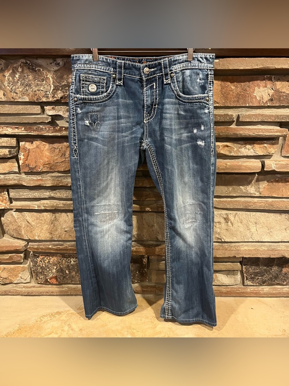 Rock Revival Logan Boot Cut Blue Distressed Mid-Rise Jeans